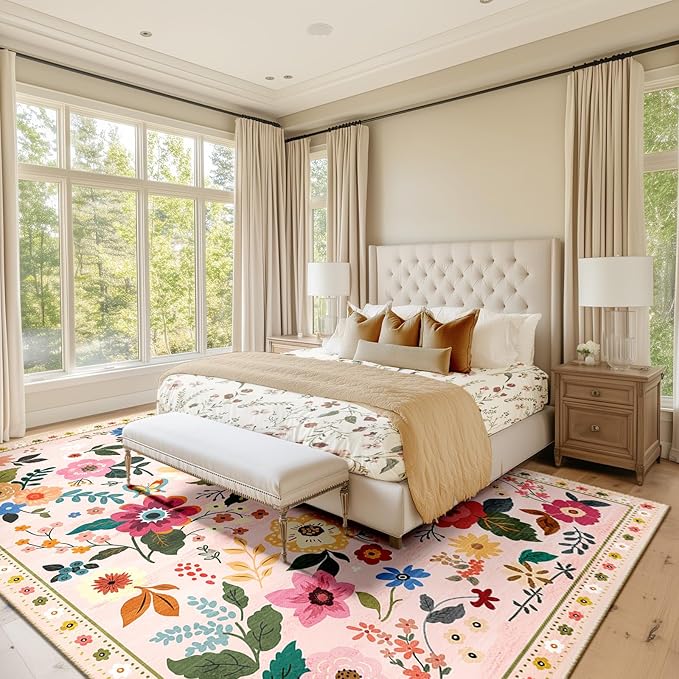 Floral 9x12 Area Rug Machine Washable Soft Print Boho Carpet Non Slip Doormat Low Pile Flower Area Rugs for Living Room Bedroom Nursery Kitchen Dining Room Indoor-Pink