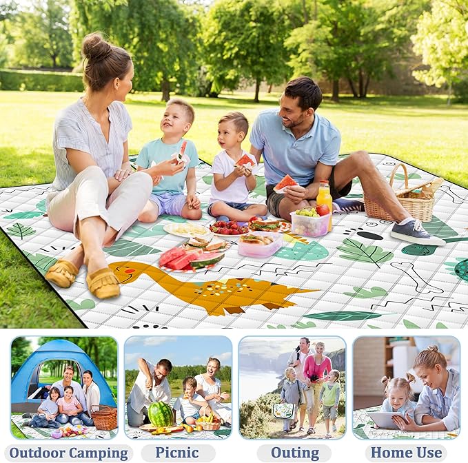 Extra Large Picnic Blanket Waterproof,80"x 80"Foldable Machine Washable Beach Blanket,Outdoor Blanket for 6-8 Adults,Suitable for Indoor Crawling,Park Beach,Camping,Hiking,Family Travel(Dinosaur)