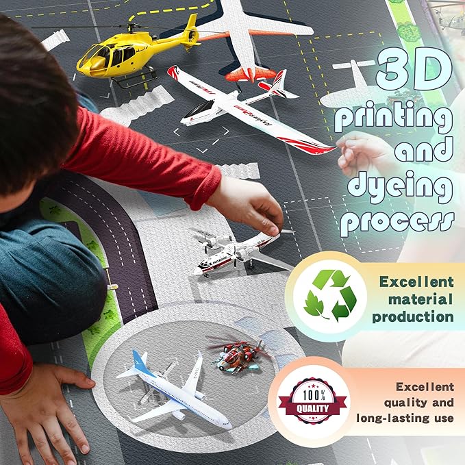 Play Rug for Playroom 3x4 Airport Carpet for Boys Bedroom with Combined City Road Traffic System Aircraft Runway Playmat Rugs Carpet Non-Slip Washable Area Mat