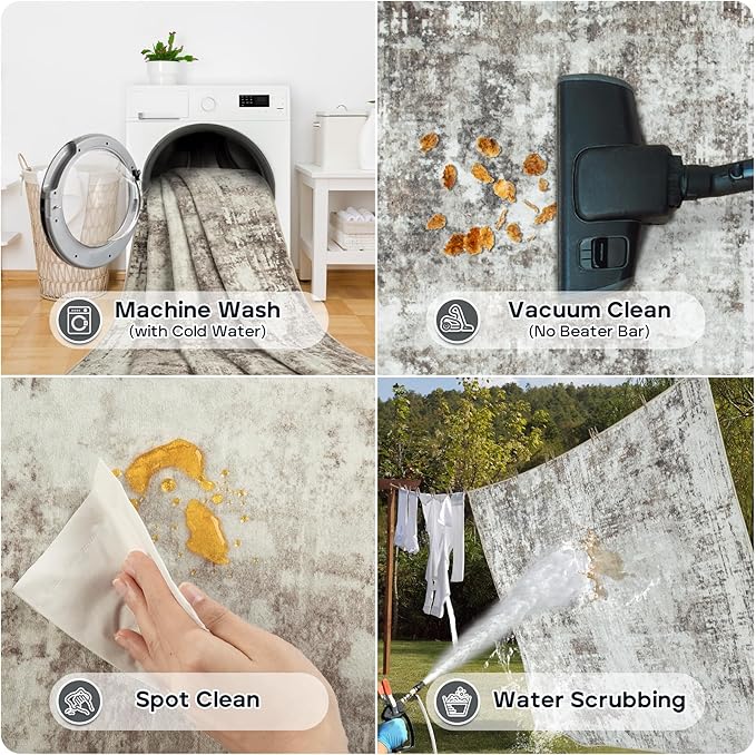 Runner Rug for Hallways Kitchen 2'6"x8' Washable, Non Slip Carpet 8ft Area Rugs Entryway Rubber Backed 8 Feet Neutral Abstract Modern Low Pile Indoor Brown Grey