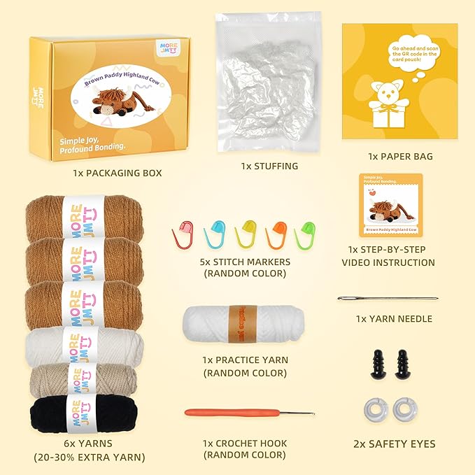 Crochet Kit for Beginners, Learn to Crochet, Include Easy Knitting Soft Yarn, Step-by-Step Video Tutorial, Hook, Holiday Birthday Gift for Adults and Kids(Highland Cow)