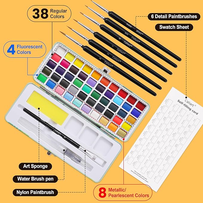 50 Colors Watercolor Paint Set with 6 Brushes, Portable Travel Water Color Kit with Carrying Case, Palette and Accessories, Non-Toxic Art Supplies Gift for Artists Adult Teen Kids Girls Boys
