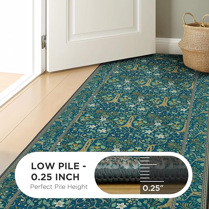 Joydeco Washable 2x6 Rug Runners for Hallways Non Slip, Boho Floral Bathroom Rug Runner, Soft Botanical Forest Indoor Floor Throw Carpet for Kitchen Laundry Room Entryway, Dark Blue