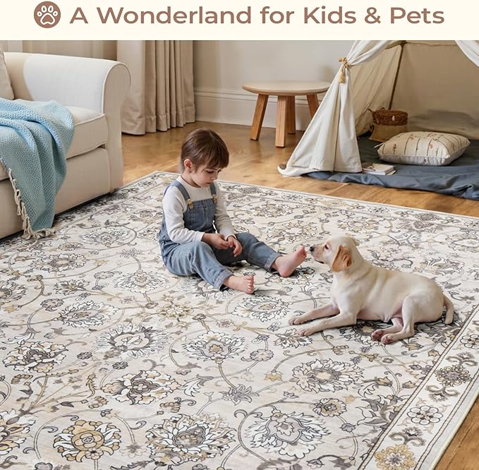Washable Area Rug 5x7 for Living Room & Bedroom, Large Neutral Floral Rugs, Soft & Non Slip, Low Pile Wool Carpets for Indoor Under Table Dining Home Office Nursery Playroom, Beige