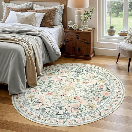 Wonnitar Round Washable Rug, Soft Floral Round Rugs 5ft Circle Carpets for Bedroom Ultra-Thin, Boho Beige Print Distressed Circular Carpet for Living Room Dorm Bedside