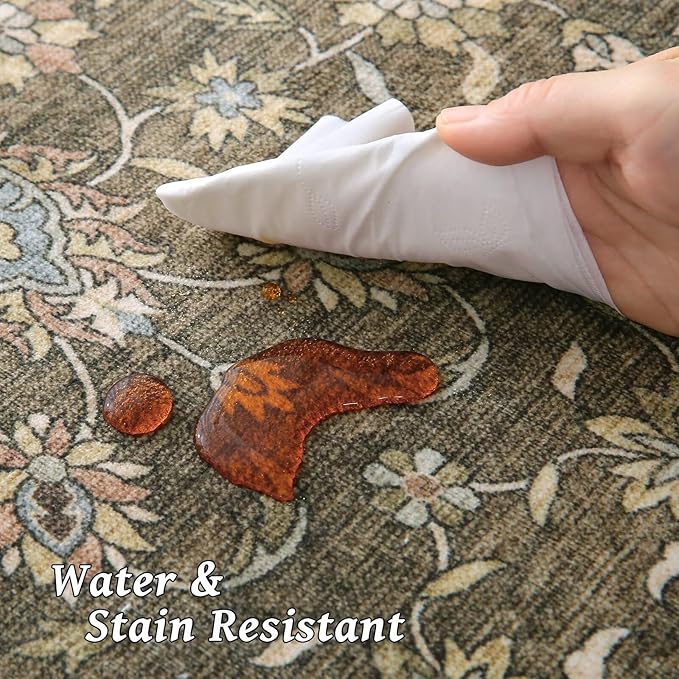 Washable 9x12 Area Rugs for Living Room, Boho Non-Slip Silicone Backing Rugs for Bedroom Dining Room Nursery Office, 0.3" Neutral Oriental Throw Carpet with 0.16" Cushioning Pad, Flaxen/Multi