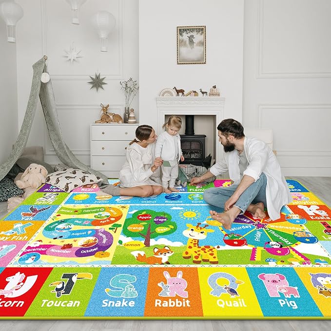 Kids Rug for Playroom, Kids Baby Playmat with Alphabet, Month, Weather, Week and Shapes ABC Educational Rug, Play Mat Carpet for Bedroom Classroom (78.7X59 INCH, Ferris Wheel)
