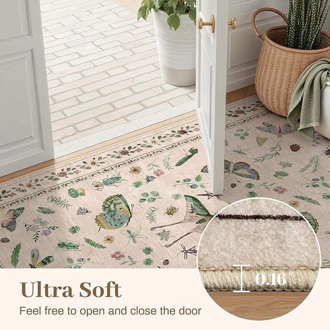 6ft Washable Round Rug - Bug Rugs for Living Room Non-Slip Low Pile Soft Ultra-Thin Machine Washable Circle Carpet for Bedroom, Entryway, Nursery, Kitchen, Home Office (6' Round Beige)