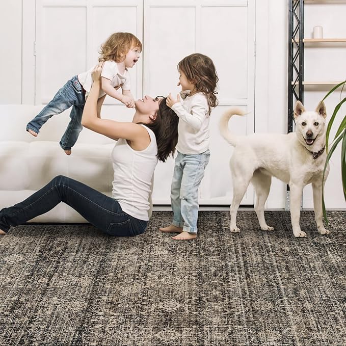 Washable Rugs 5x7 Area Rugs for Living Room, Thin Carpet for Bedroom, Soft Faux Wool Retro Dining Room Rug，Non Slip&Non-Shedding Resistant Low Pile Vintage Print Rug for Home Office (Brown)