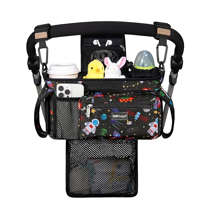 TOPDesign Universal Baby Stroller Organizer, Stroller Caddy with Detachable Mesh Bag & Heightened Insulated Cup Holders & Non-Slip Secure Hooks Accessories, Fits Most Strollers (Space Exploration)