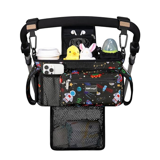 TOPDesign Universal Baby Stroller Organizer, Stroller Caddy with Detachable Mesh Bag & Heightened Insulated Cup Holders & Non-Slip Secure Hooks Accessories, Fits Most Strollers (Space Exploration)
