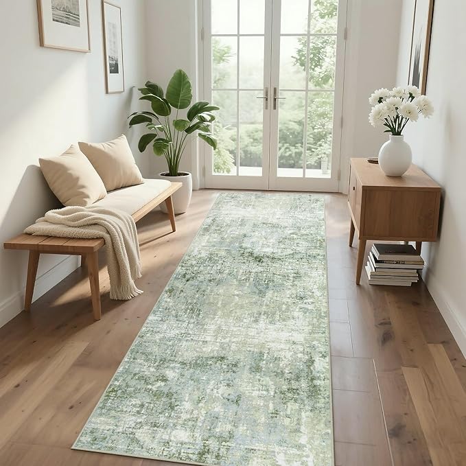 Runner Rug for Hallways Kitchen 2'6"x8' Washable, Non Slip Carpet 8ft Area Rugs Entryway Rubber Backed 8 Feet Neutral Abstract Modern Low Pile Indoor Green