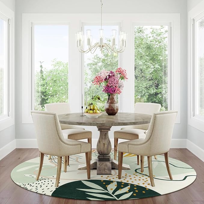 Lahome Green Washable Round Rug - 7Ft Round Area Rug for Living Room Throw Soft Boho Round Rug Large Non-Slip Round Dining Room Rug, Botanical Print Floor Round Carpet for Bedroom Office (Pink,7'x7')