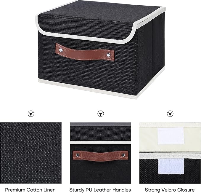 ANMINY 2PCS Storage Bins with Lid PU Leather Handles Storage Boxes PP Plastic Board Decorative Foldable Lidded Cotton Linen Fabric Home Cubes Baskets Closet Organizer Containers - Black, Small Size