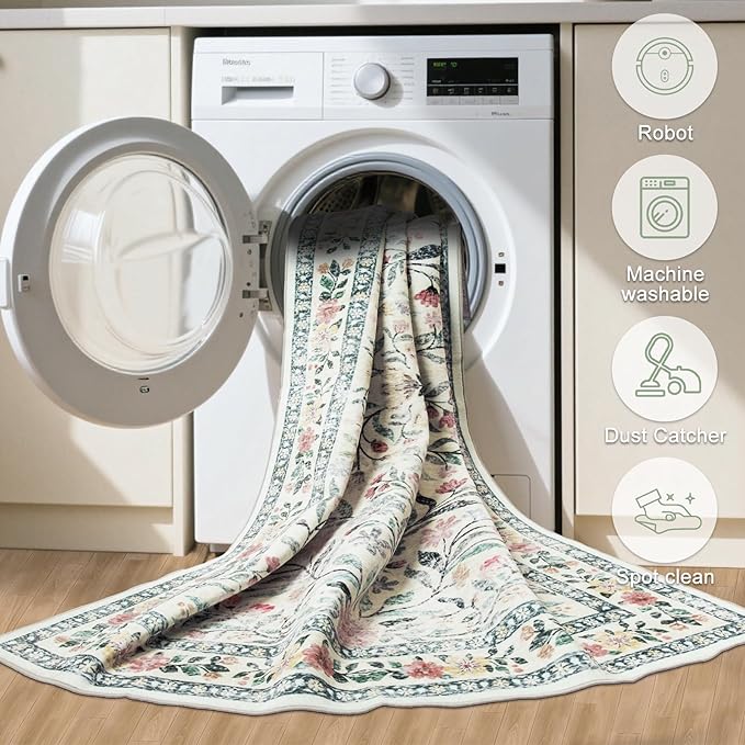 Area Rug Living Room Rugs: Floral 5x7 Washable Rug Vintage Soft Boho Non-Slip Carpet Indoor Stain Resistant Large Carpets for Bedroom Dining Room Farmhouse Nursery Hallway Home Office Green Beige