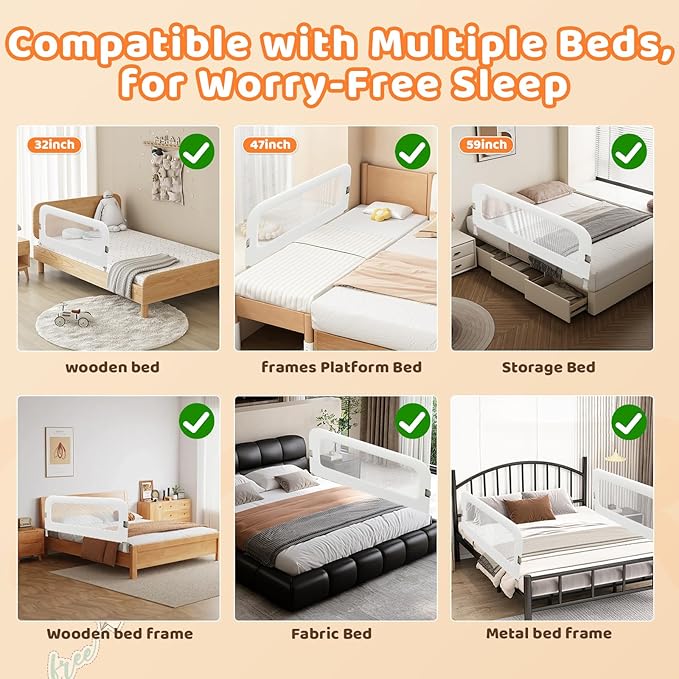 Bed Guard Rail for Toddlers - 59inch Foldable & Adjustable Height Baby Bed Safety Side Rails - Large Toddler Crib Railing Guard for Twin, Bunk, Full Size, Queen & King, Full Size Bed