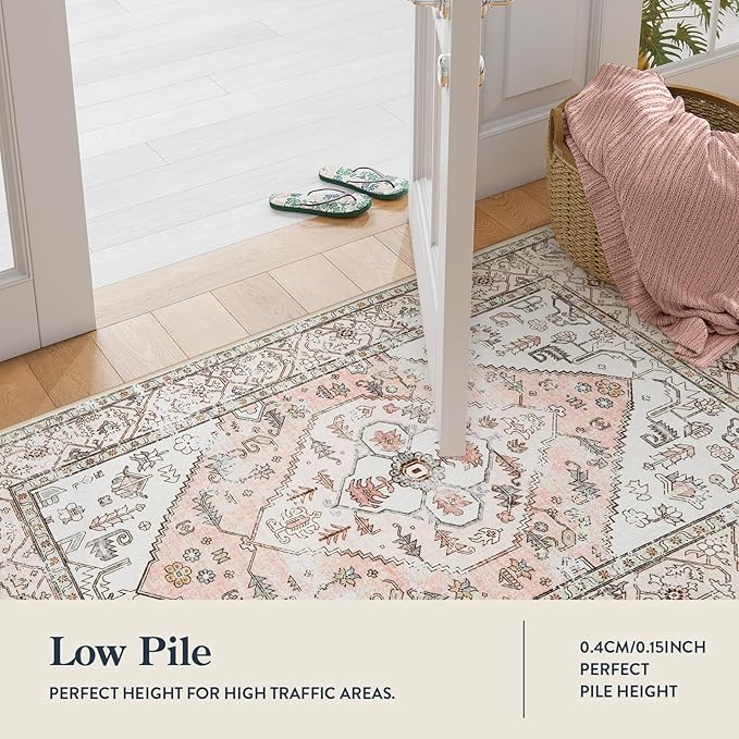 Lahome Boho Washable Non-Slip Pink Rug - Ultra-Thin Non-Shedding Bedroom Bathroom Carpet Runner for Hallway Entryway (Pink, 2'x6')