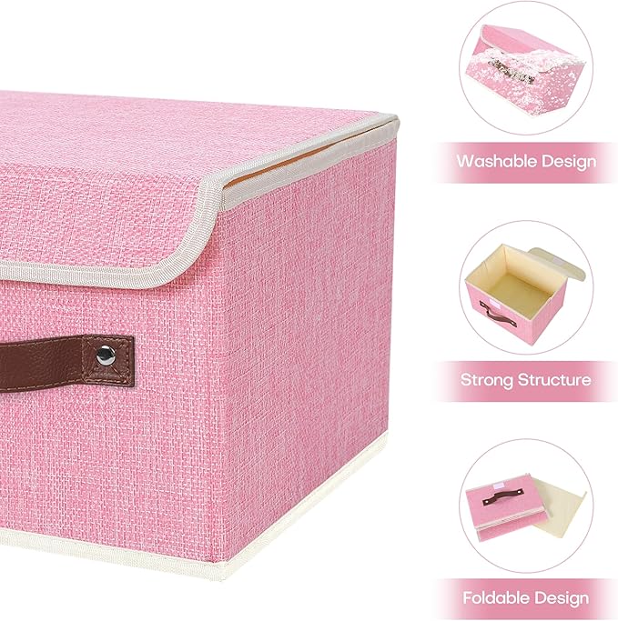 ANMINY 2PCS Storage Bins with Lid PU Leather Handles Storage Boxes PP Plastic Board Decorative Foldable Lidded Cotton Linen Fabric Home Cubes Baskets Closet Organizer Containers - Pink, Small Size