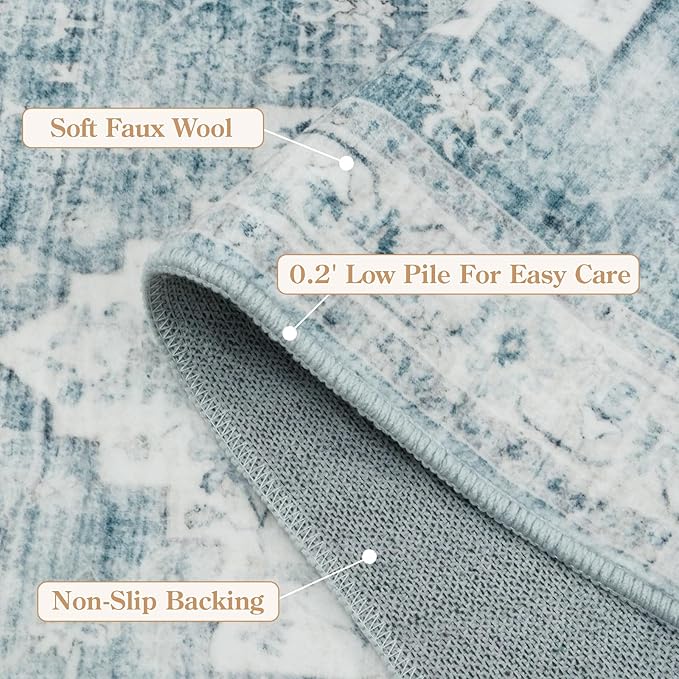 LIVEBOX Washable Area Rug 5x7 Rugs for Living Room Bedroom, Non-Slip Boho Indoor Carpet for Dining Room Office, Low-Pile Farmhouse Soft Carpets for Kids Nursery Room Playroom, Blue