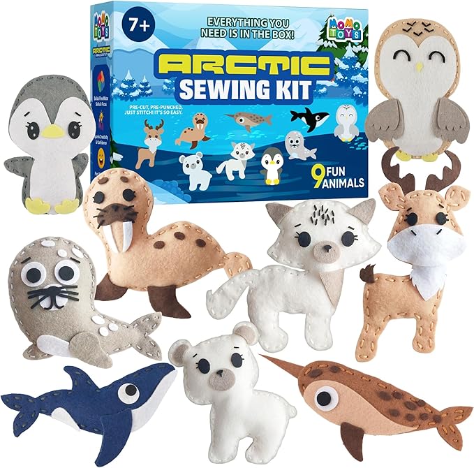 MOMOTOYS Arctic Animals Beginner Sewing Kit for Kids Ages 7+ – Includes 9 Kids Sewing Projects with Tools & Art Supplies – DIY Felt Crafts for Girls & Boys – Gifts for 7, 8, 9, 10, 11, 12 Year Old
