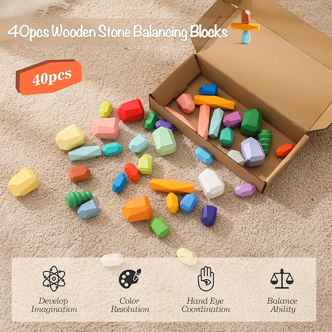 OESSUF Stacking Rocks 40Pcs Stacking Rocks Balancing Stacking Stones Wooden Stacking Toys Wooden Stone Stacking Game for Toddler Wood Sorting Montessori Stacking Rocks for Kids