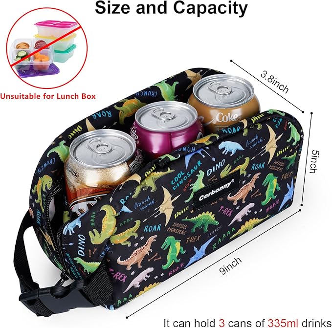 Cerbonny Freezable Cooler Bag for Work/School Travel - Mini Insulated Bag Fit For Yogurt, Suit for 3+(Black Dinosaur)