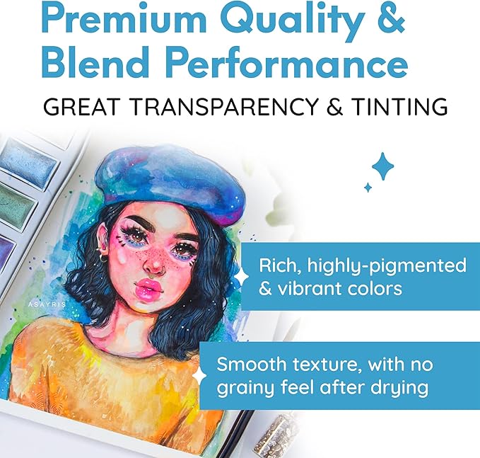 Mozart Premium Japanese Watercolor Paint Set - 40 Rich Colors with Metallic, Neon Pans - Artist-Quality Set for Adults, Kids & Students - Water Color - Metallic Watercolor Paints