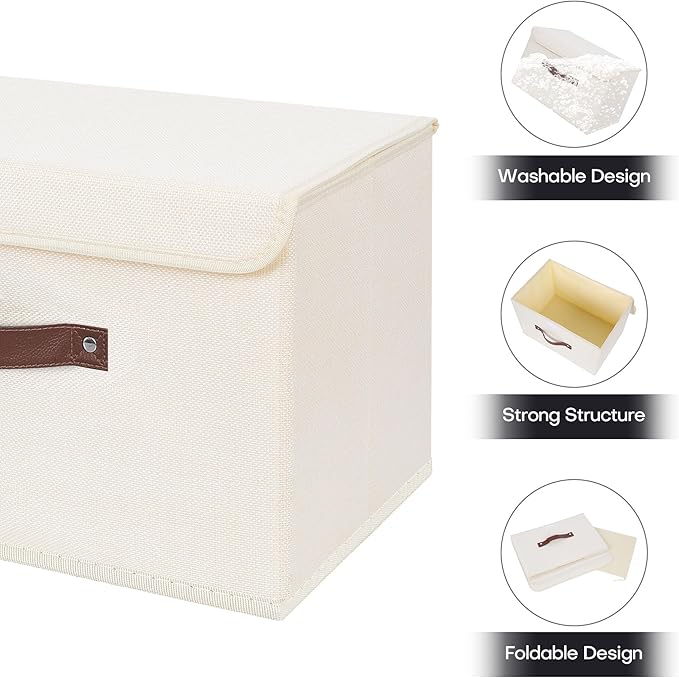 ANMINY 2PCS Storage Bins with Lid PU Leather Handles Storage Boxes PP Plastic Board Decorative Foldable Lidded Cotton Linen Fabric Home Cubes Baskets Closet Organizer Containers - Beige, Large Size
