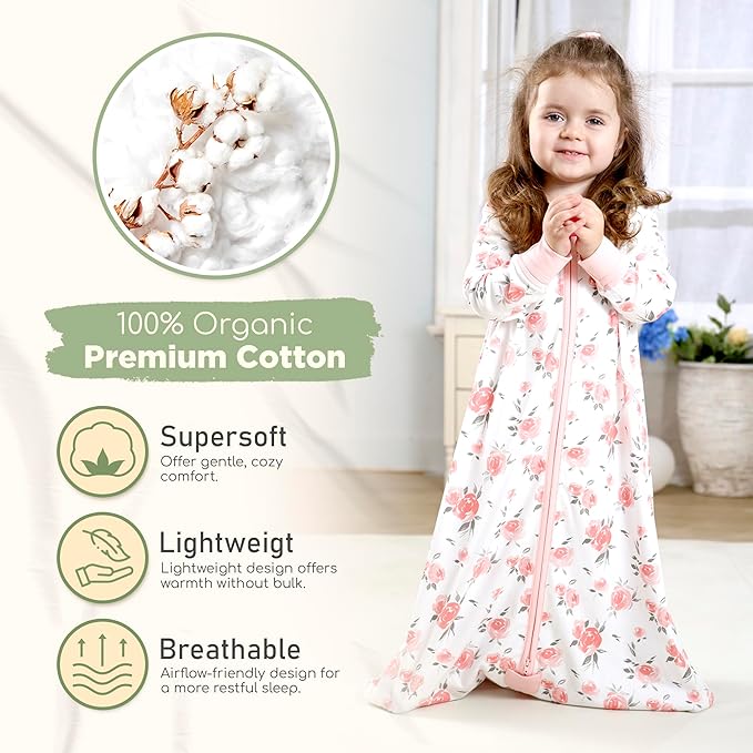 Mama Cheetah Baby Sleep Sack with Sleeves, 0.5 TOG Organic Cotton Wearable Blanket and Two-Way Zipper, Swaddle Transition Long Sleeve Sleeping Bag for Newborn Infant Toddler, 6-12 Months