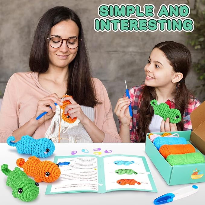 Crochet Kit for Beginners - 3 PCS Baby Chameleon Crochet Kits with Step-by-Step Video Tutorials, Beginner Crochet Kit for Adults Kids, Chameleon Crocheting Set (Orange&Blue&Green)
