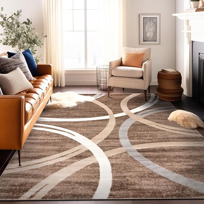 Rugshop Modern Wavy Circles Design Area Rug 12' x 15' Brown