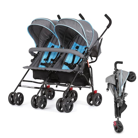 Dream On Me Volgo Twin Umbrella Stroller in Blue, Lightweight Double Stroller for Infant & Toddler, Compact Easy Fold, Large Storage Basket, Large and Adjustable Canopy