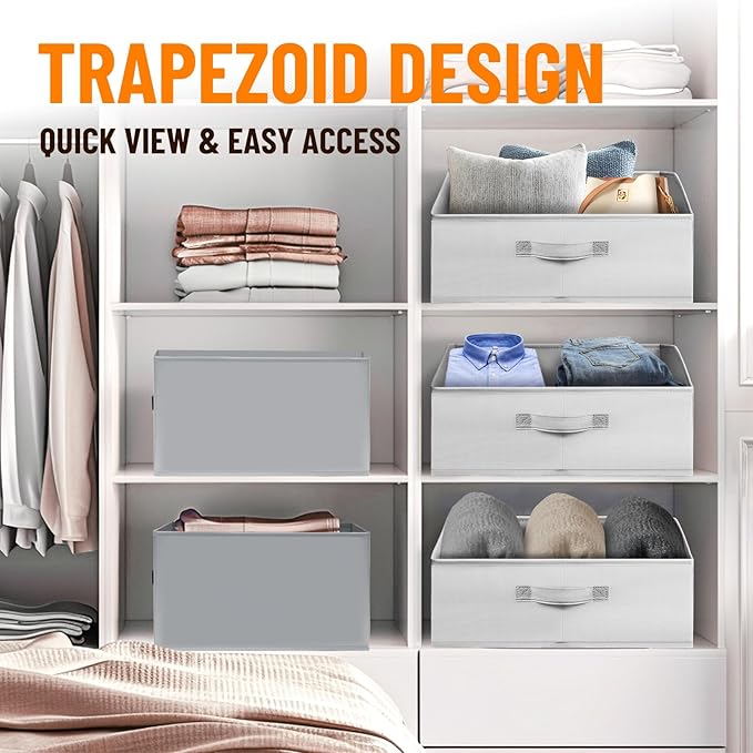 Criusia 4 Pack Large Closet Shelf Organizer Bins with Handles - Fabric Trapezoid Storage Baskets for Clothes, Towel, Blanket, Purse, Hats