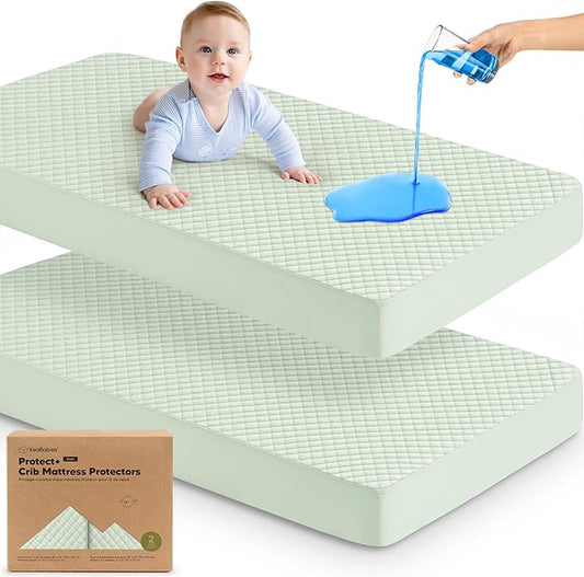 Waterproof Crib Mattress Protector Cover Fitted - 2-Pack Quiet Baby Crib Mattress Pad Sheets, 52" x 28" Soft Quilted Cotton Baby Sheet, Machine Washable, Easy Fit, Durable (Aloe/Quin)