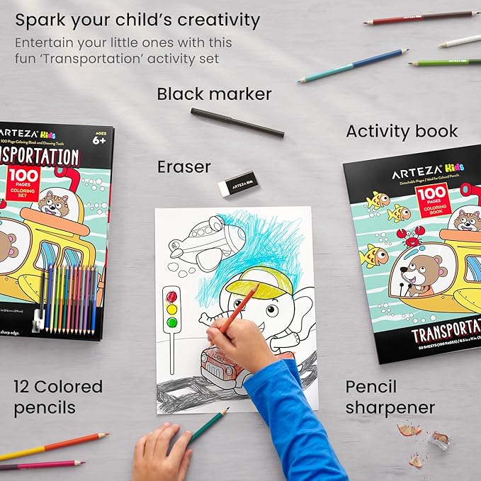 ARTEZA Kids Coloring Book and Colored Pencils Set, Transportation Illustrations, 50 Double-Sided Sheets, 100lb Paper