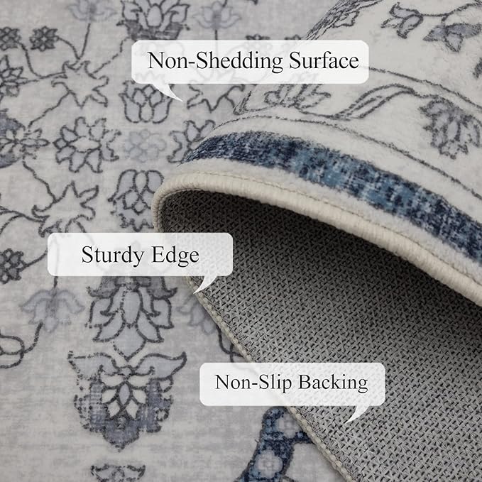 9x12 Area Rug Living Room Rugs, Stain Resistant Washable Rug, Vintage Large Non-Slip Backing, Low Pile Lightweight Print Rug for Bedroom Dinning Room Home Office (Grey/Blue)