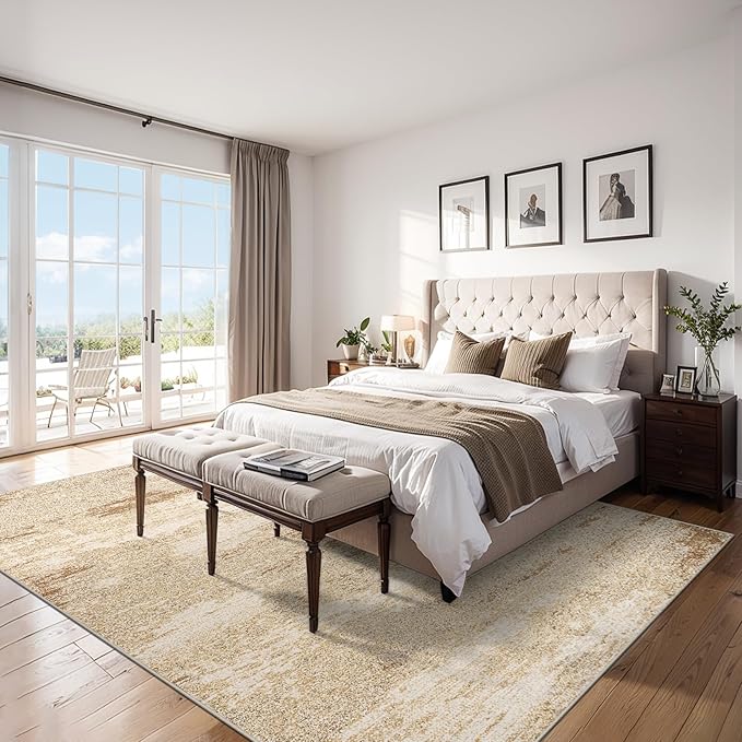 8x10 Area Rugs for Living Room - Washable Rug Modern Abstract Soft Large Neutral Non-Slip Carpet Indoor Floor Stain Resistant Thin Carpets for Bedroom Dining Room Farmhouse Nursery Home Office Beige