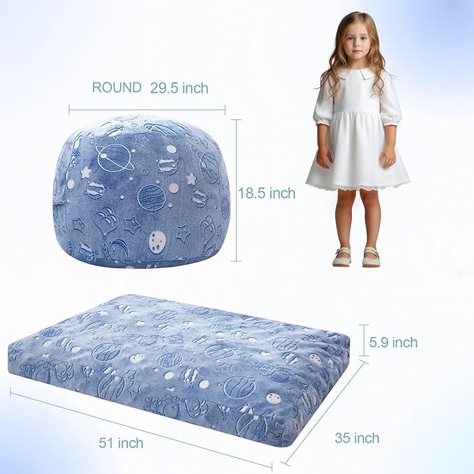 COMAX Kids Bean Bag Chair Turn into Beanbag Bed, Unicorn Toddler Bean Chair for Girl Boy Sleeping, Lazy Children Sofa Couch with Filler, Convertible Child Floor Mattress, Glowing Space