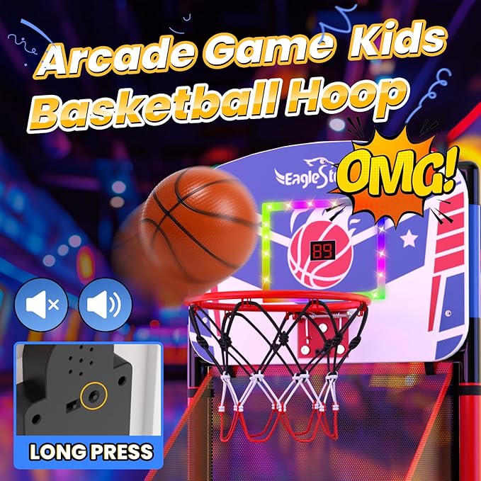 EagleStone 63IN Kids Arcade Basketball Hoop Indoor, LED Scoreboard Basketball Arcade Game Set for Outdoor with Cheer Sounds, Kids Basketball Toys for Boys Girls Age 3-5 5-7 4-8