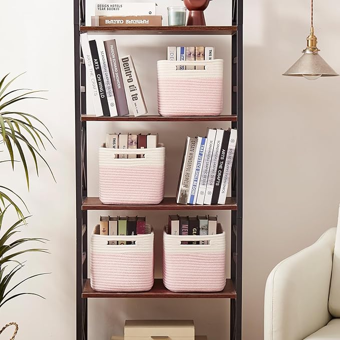 OIAHOMY 4 Pack Storage Baskets for Organizing, Basket for Shelves with Handle, Woven Baskets for Storage Toys, Towels, Books, Cotton Rope Basket 13" L x 9 " W x 7.8 " H, Pink & White