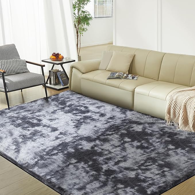 Ultra Soft Rug for Living Room, 8X10 Fluffy Shag Area Rug for Bedroom, Modern Shaggy Carpet Fuzzy Rug for Teens Dorm Nursery Home Decor Aesthetic, Upgrade Anti-Skid Durable, Tie Dye Black and Grey