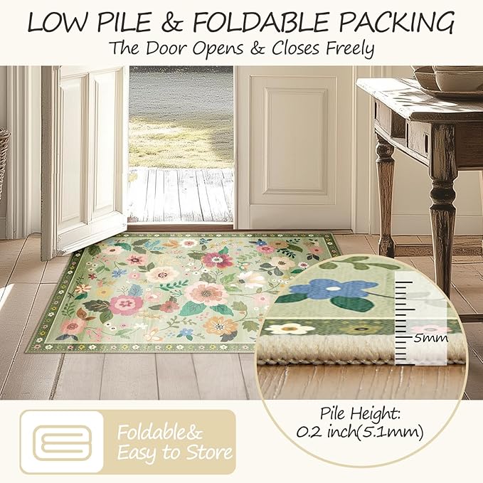 Floral 2x6 Area Rug Machine Washable Soft Print Boho Carpet Non Slip Doormat Low Pile Flower Area Rugs for Living Room Bedroom Nursery Kitchen Dining Room Indoor-Light Green