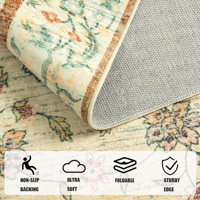 LOCHAS Washable Area Rugs 8x10, Beige Floral Rug for Living Room Bedroom Non Slip, Ultra Soft Vintage Indoor Carpet for Kids, Nursery, Dorm, Dining Room, Classroom, Boho Flower Home Decor, Low-Pile