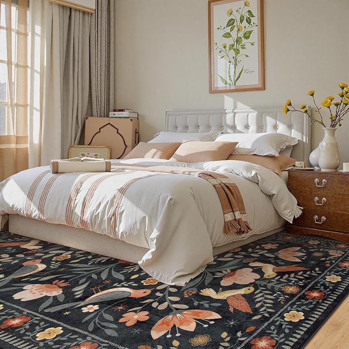 Moynesa Boho Birds 8x10 Area Rugs for Living Room, Black Floral Bedroom Rug Washable Low-Pile Playroom Rug, Vintage Soft Jungle Pattern Indoor Floor Carpet for Nursery Dining Room