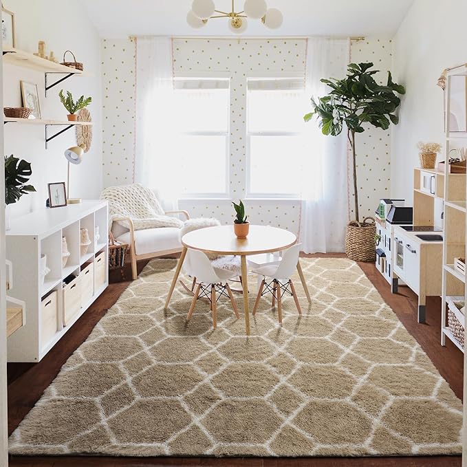 ONASAR Large Area Rugs for Living Room, Fluffy 7x10 Beige and White Thick Floor Rug for Bedroom Home Decor Aesthetic, Soft Fuzzy Shaggy Plush Geometric Carpet for Kids Teen Dorm Classroom Office