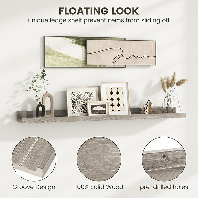 Fun Memories Picture Ledge Shelf, 36 Inch Floating Shelves for Wall, Nursery Bookshelf for Storage, Rustic Elm Wood Photo Ledge Shelves for Bedroom, Living Room, Kitchen (Grey, 36in Set of 2)