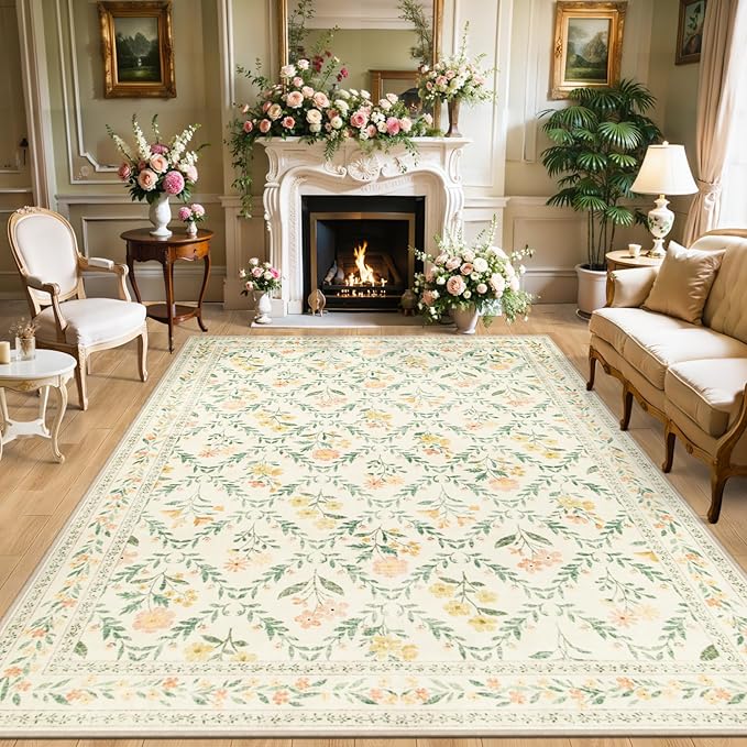 10x14 Area Rugs for Living Room: Floral Washable Rug Vintage Large Soft Boho Non-Slip Carpet Stain Resistant Low Pile Carpets for Bedroom Dining Room Farmhouse Nursery Hallway Home Office Beige/Multi