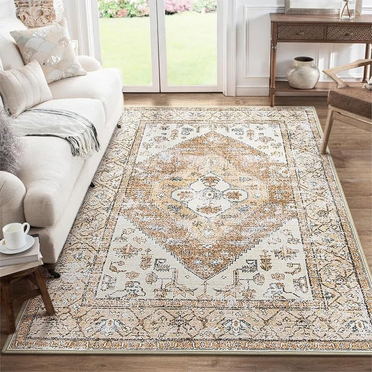 Lahome Boho Area Rug for Living Room - 4x6 Rug Washable Non-Slip Throw Bedroom Rug Lightweight Non-Shedding Large Kitchen Carpet, Oriental Distressed Print Carpet for Office Classroom Dining Room