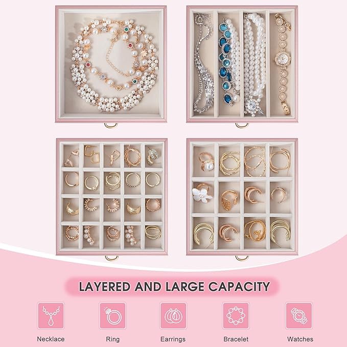 5-Layer Jewelry Box with 4 Drawers, Huge Portable Jewelry Organizer with Lock and Mirror for Women, for Necklace Ring Earring Bracelet Storage, Lockable Jewelry Case, Pink