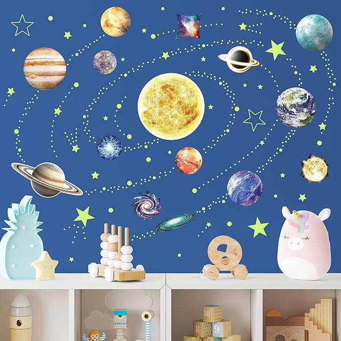 Glow in The Dark Stars and Planets for Ceiling, Glow Solar System Wall Stickers, Space Wall Decals for Kids Boys Room (Green)